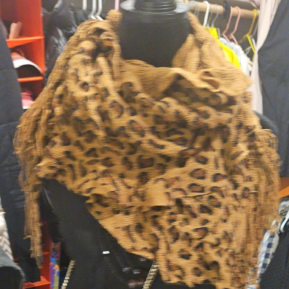 Leopard Print Fringe Wrap Scarf in Brown